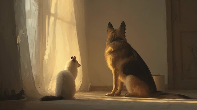 Airy minimal room with a Birman Cat sitting next to a German Shepherd Dog in warm light, Soft sunlight bathes a quiet room. German Shepherd sits attentively, gaze fixed. Cat curls beside the window