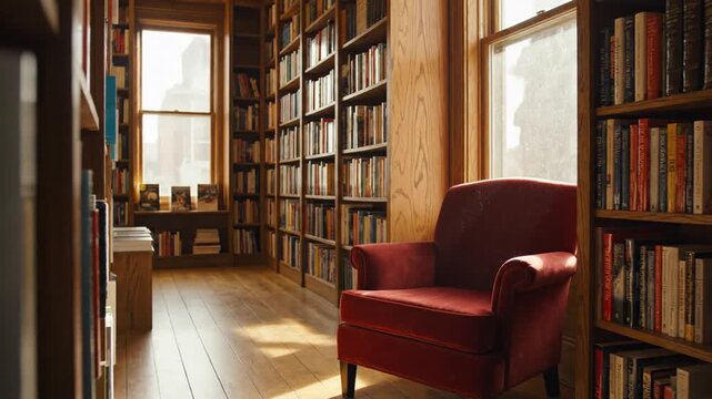 Cozy library room with red armchair, wooden bookshelves, and bright window light