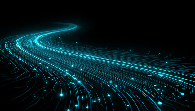 Abstract futuristic digital background with glowing blue light trails, cyber data stream flow, neon technology lines, dynamic sci fi network motion, modern speed and innovation concept