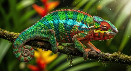 Obraz premium Vibrant Chameleon Perched on Branch in Lush Greenery.