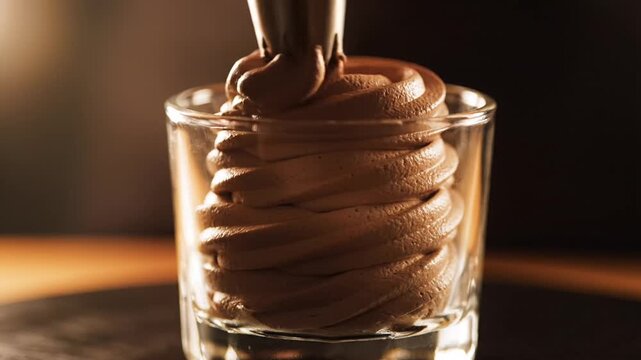 Chocolate Mousse Being Piped into a Glass Dessert Cup with a Piping Bag.