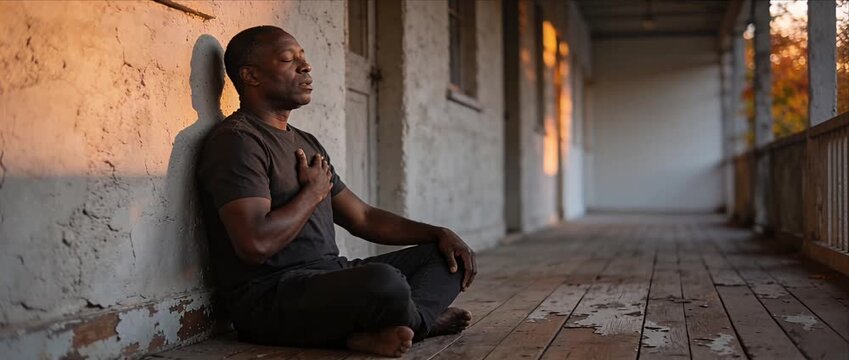 African man meditation mindfulness self care mental health sunset light old wooden porch barefoot cross leg casual clothing practicing deep breathing relaxation calm wellness and peace outdoors