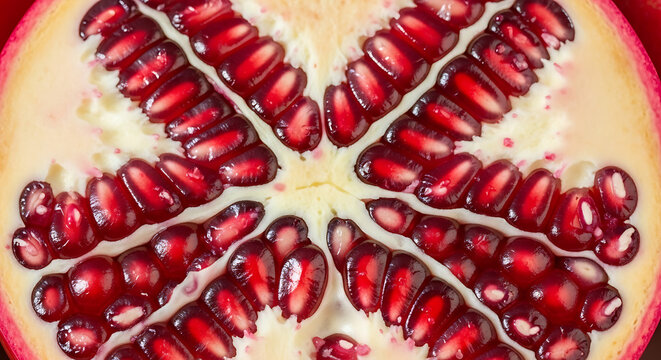 Pomegranate fruit cut open showing seeds.