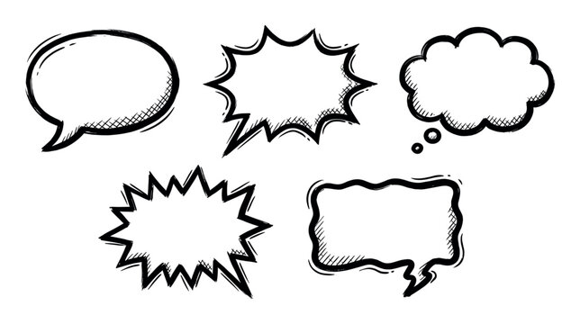 Set of hand-drawn black and white comic style speech bubbles and thought clouds for communication.