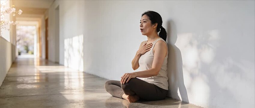 Calm Asian woman yoga breathing exercise corridor, adult female meditation and mindfulness relaxation sitting floor, wellness lifestyle practice for deep breath stress relief and peaceful wellness