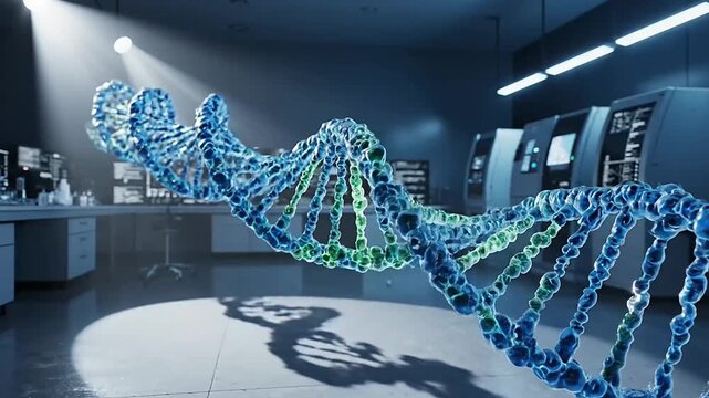 Intricate DNA helix model rotating in a science research laboratory