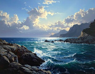 Obraz premium A serene seascape with rugged coastline and vibrant blue waters