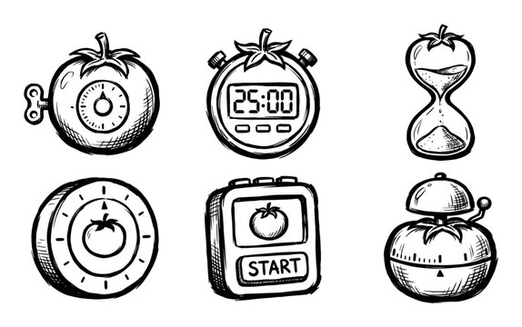 Collection of hand-drawn pomodoro timers depicting various timekeeping devices and productivity tools.