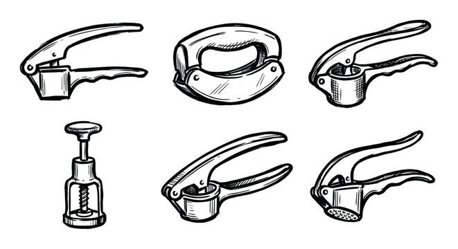 Collection of hand-drawn kitchen tools includes various garlic presses, a mezzaluna, and a nutcracker.
