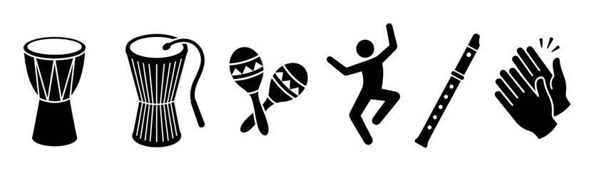 Fototapeta premium Monochromatic collection of musical instrument and celebration icons featuring drums, maracas, a dancer, and rhythmic clapping hands.