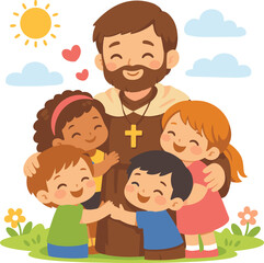 Obraz premium PrintIllustration of a kind priest hugging happy children outdoors. Concept of faith, kindness, church community, and spiritual guidance.