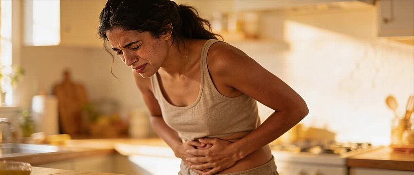 Woman stomach pain abdominal cramp female discomfort home kitchen morning light casual clothing health problem digestive issue menstruation pain stress young adult cramps discomfort indoor sunlight