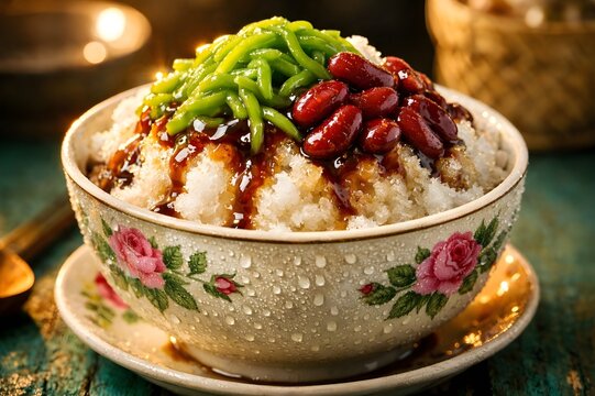 Traditional Malaysian Cendol dessert with green jelly and palm sugar