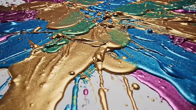 Abstract paint splatters exploding with metallic colors on a white surface