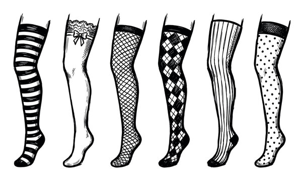 Collection of six hand-drawn women's thigh-high stockings featuring diverse patterns like stripes, fishnet, and polka dots.