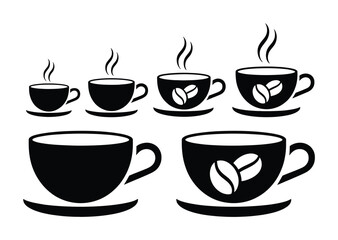 Obraz premium Collection of Black and White Coffee Cups with Steam and Beans