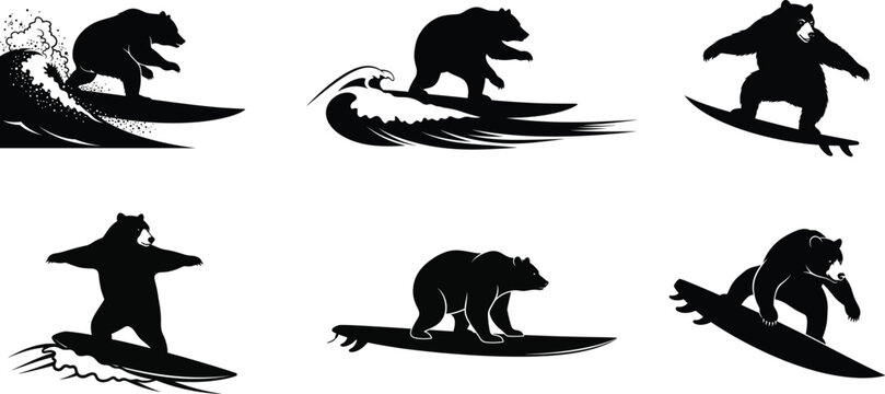 Bear surfing silhouettes set wild animal riding ocean waves on surfboard extreme sport vector illustration isolated collection
