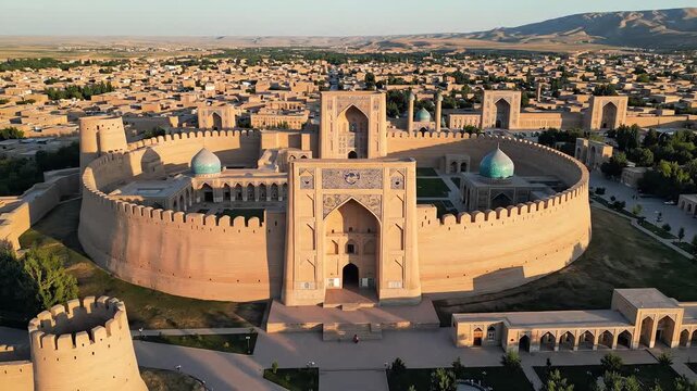 Ancient Ark Fortress in Khiva Uzbekistan Aerial View at Sunset.