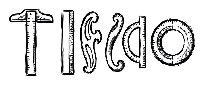 Collection of hand-drawn drafting and measuring tools, including a T-square, ruler, French curves, protractor, and compass, rendered in a sketch style.