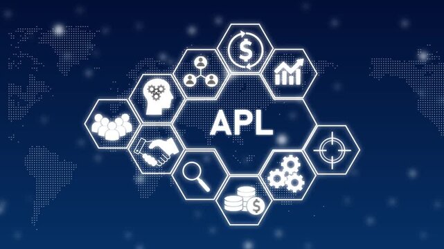 APL Acronym Hexagon Network with Business Icons and Global Map Background finance strategy