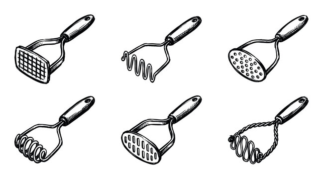 Collection of six hand-drawn sketch illustrations depicting various kitchen potato mashers.