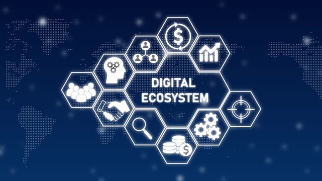 Digital Ecosystem concept with icons and world map background technology network
