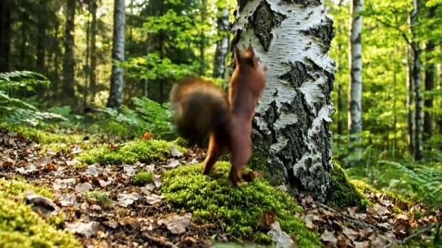 Red Squirrel Climbs Birch Tree in Forest on a Bed of Green Moss in Sunlit Woodland Scene