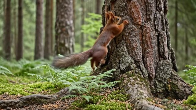 Red squirrel scampering through forest moss and ferns then climbing up a tree