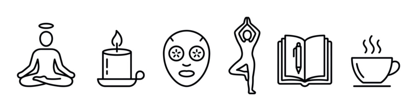 Set of minimalist line art icons representing various self-care and wellness activities such as meditation, yoga, and relaxation.