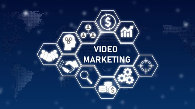 Video Marketing Concept with Icons and World Map Background digital business