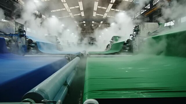 Industrial factory dyeing machines processing large colorful fabric sheets