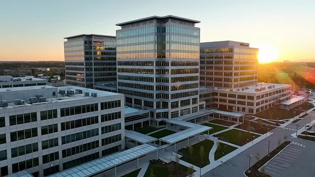 Modern office buildings illuminated by the morning sun