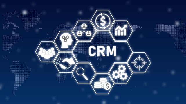 CRM Customer Relationship Management Hexagon Infographic with World Map Background sales marketing