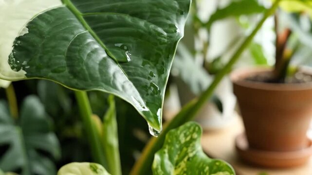 Close up of variegated elephant ear leaf with water droplets dripping off, a sign of thriving plant life