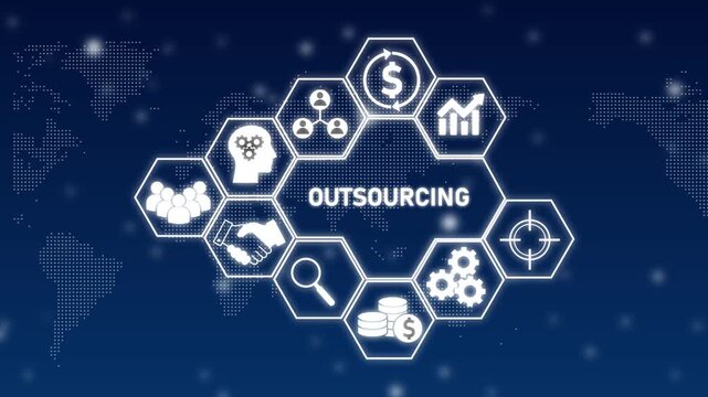 Outsourcing Business Concept Hexagon Infographic with World Map Background business process outsourcing