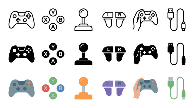 Comprehensive collection of gaming controller icons in outline, solid, and colorful styles, featuring gamepads, joysticks, buttons, and USB cables.