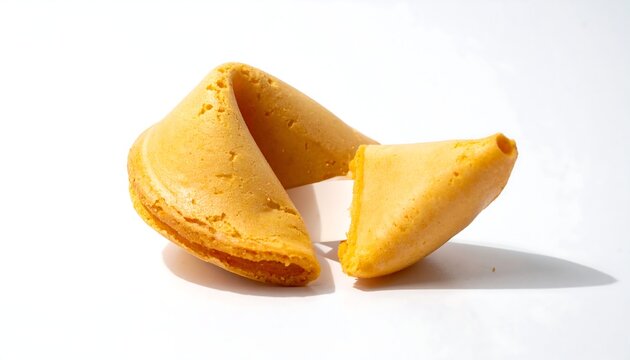 A close-up shot of a single, golden fortune cookie, split open with the two halves lying on a white surface