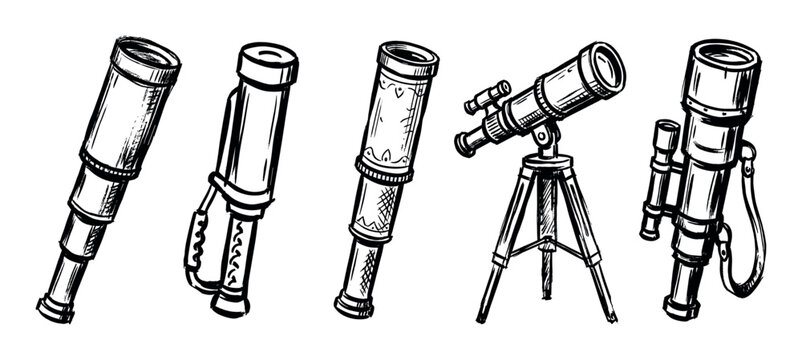 Various hand-drawn illustrations of optical instruments like telescopes and monoculars for observation and exploration.