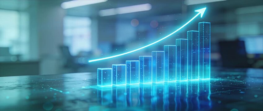 Futuristic business growth chart with digital bar graph and glowing finance data trend, rising arrow analytics dashboard and neon bar graph rise profit finance increase in digital office background