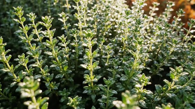 Close-up view of vibrant green thyme herb plants in a sunny garden, showcasing detailed leaves and texture