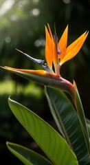 Obraz premium Vibrant Bird of Paradise Flower in Lush Garden Setting.