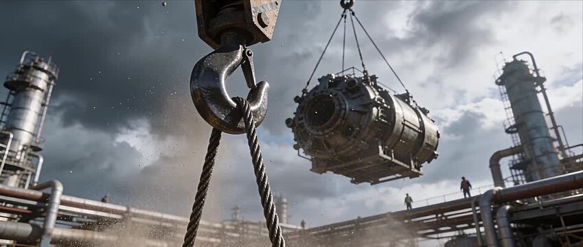 Industrial construction crane hook cable metal machinery factory worker under storm cloud and dust heavy power plant engineering energy production scene with swinging crane hook over refinery yard