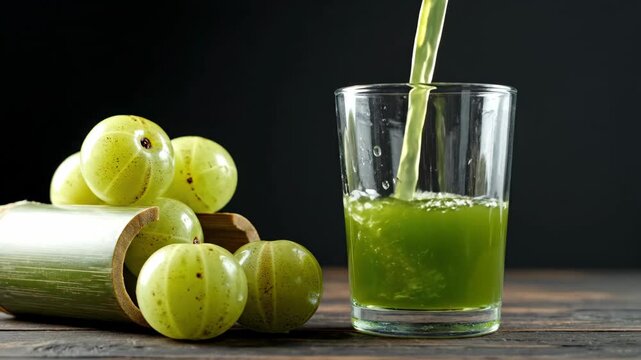 Fresh Amla Juice Pouring into Glass with Indian Gooseberries on Wooden Background, Organic Healthy Drink for Immunity and Wellness