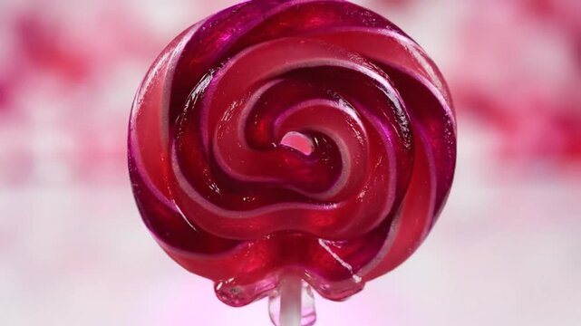 Rotating close up of a red and pink swirled lollipop candy against a soft focus pink background