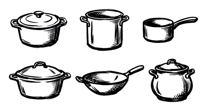 Collection of six hand-drawn sketch style cooking pots and pans with lids and handles, representing various kitchen utensils.