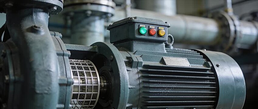 Industrial motor electric motor factory machinery metal pipe control button power cable engineering equipment industry production line mechanical detail heavy industry pump system power engine robust