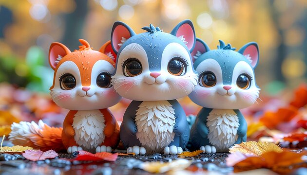 Cute stylized cartoon squirrel characters with big eyes sitting on autumn leaves in colorful forest scene playful 3D clay style animals concept
