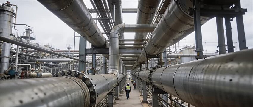 Industrial pipeline metal pipe oil gas refinery infrastructure energy engineering factory industry worker construction power fuel technology steel petrochemical plant modern heavy utility oil