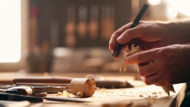 Crafting wooden toy figurine: Close-up of artisan hands using chisel with precision