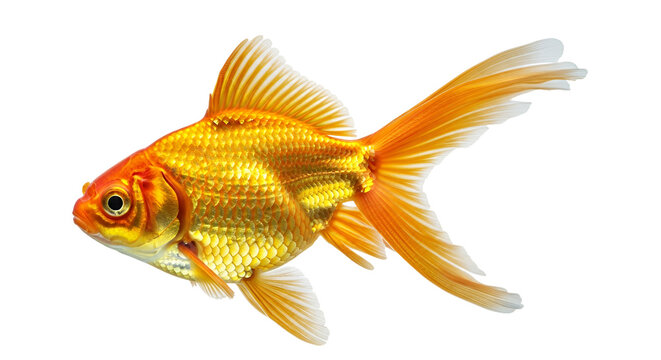 Golden Fish Isolated On A White Background, A Beautiful Aquatic Pet With Flowing Fins